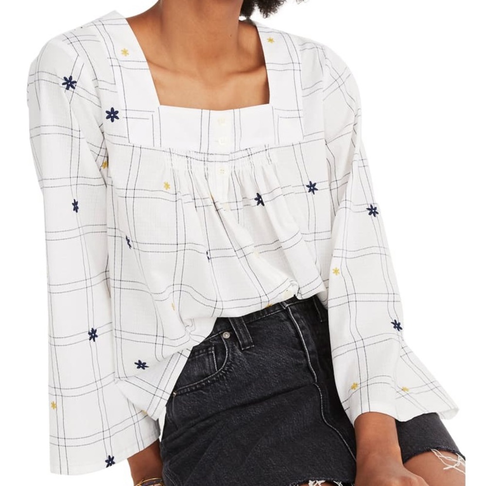 Madewell Embroidered Windowpane Plaid Top